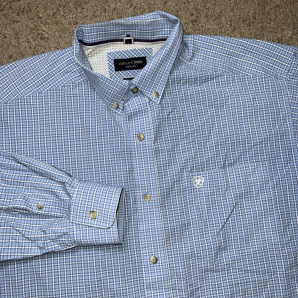 Ariat Pro Series Button Down Shirt Mens XL Fitted Long Sleeve Blue Plaid Vented